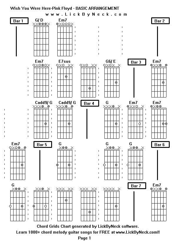 Chord Grids Chart of chord melody fingerstyle guitar song-Wish You Were Here-Pink Floyd - BASIC ARRANGEMENT,generated by LickByNeck software.